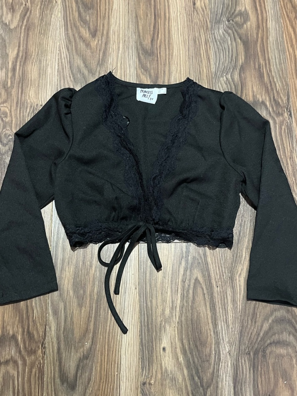 Princess Polly Black Lace-Trim Cropped Tie Top